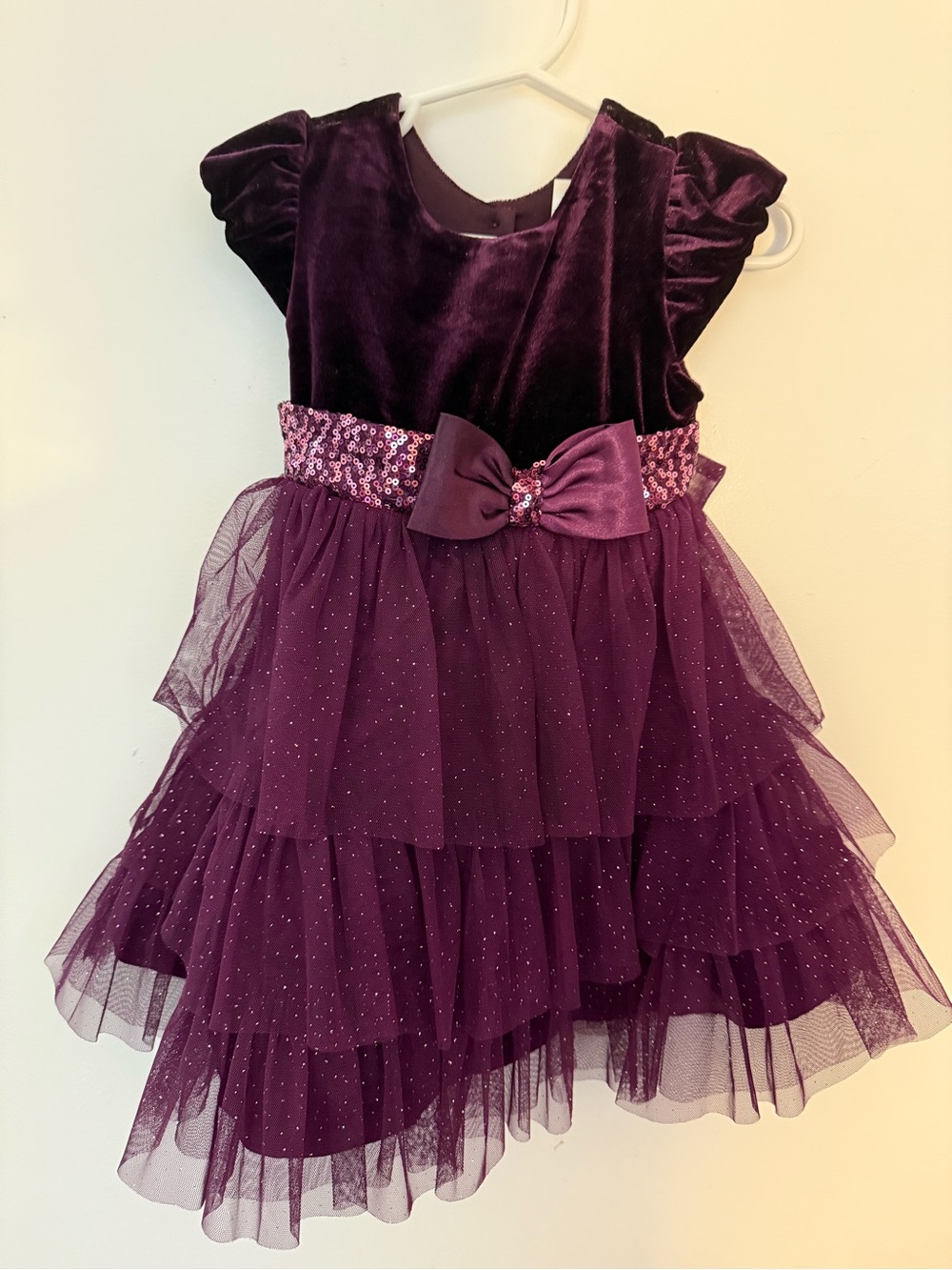 Girls Sparkle Tiered Velvet & Tulle Dress - Deep Plum